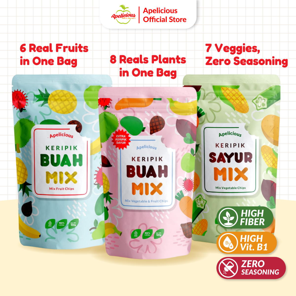 APELICIOUS KERIPIK BUAH SAYUR MIX PREMIUM 100gr ,-  Camilan Food Snack Cemilan Crispy  Kripik