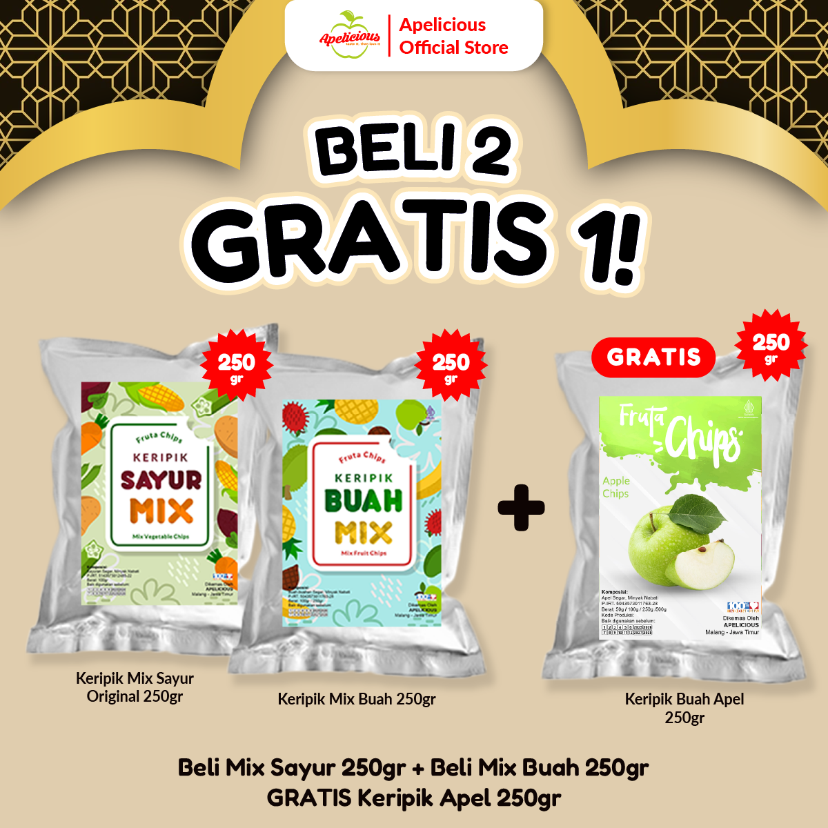 APELICIOUS KERIPK SAYUR MIX ORIGINAL 250g + KERIPIK BUAH MIX 250gr GRATIS KERIPIK APEL 250gr - Food, Snack