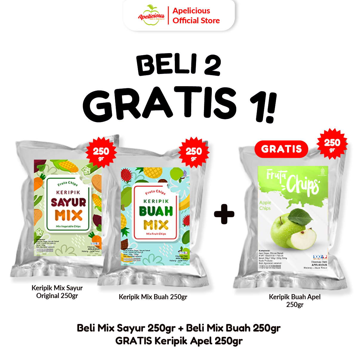 APELICIOUS KERIPK SAYUR MIX ORIGINAL 250g + KERIPIK BUAH MIX 250gr GRATIS KERIPIK APEL 250gr - Food, Snack