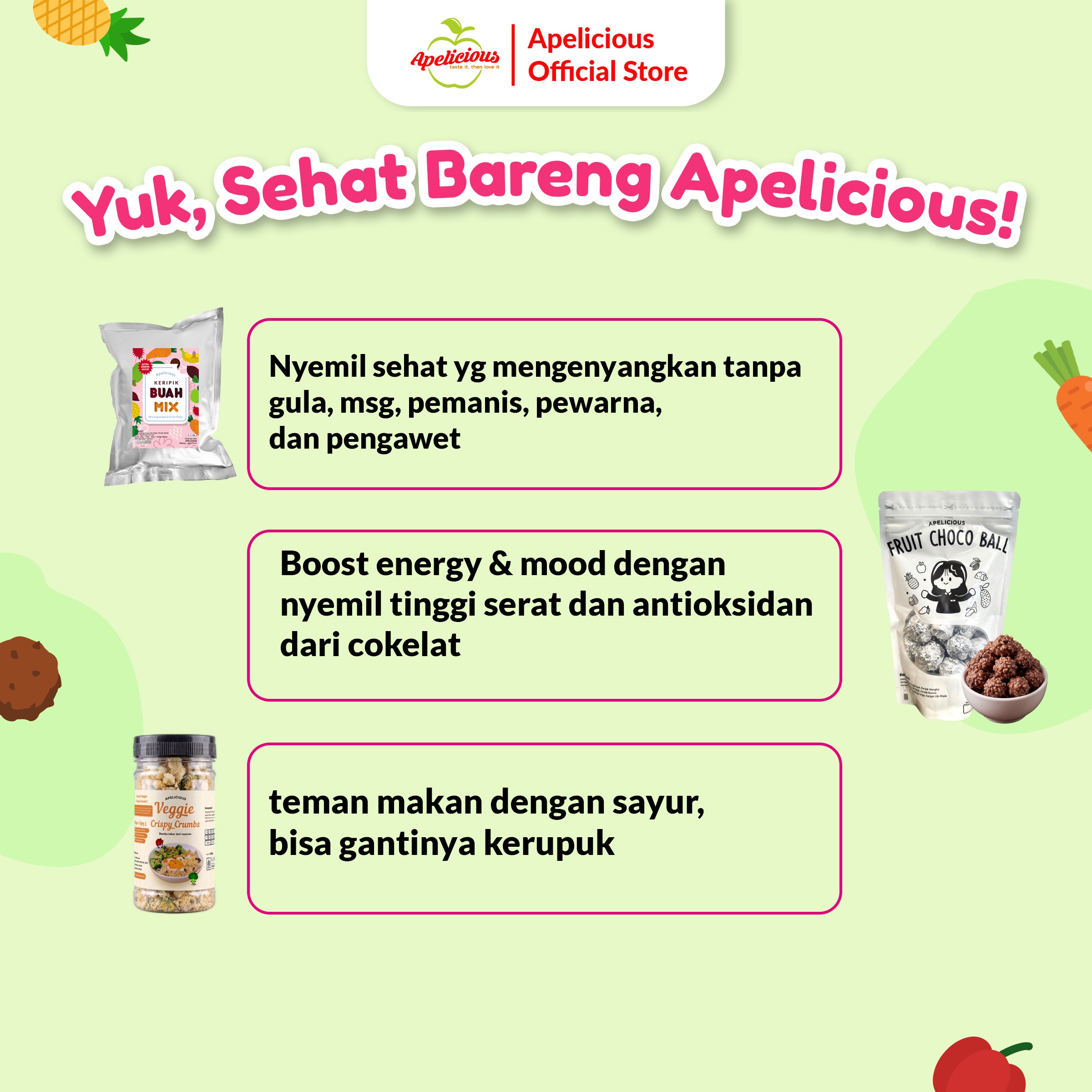 APELICIOUS BUY 1 GET 3 KERIPIK BUAH MIX SAYUR 150gr + FRUIT CHOCO BALL + VEGGIE CRISPY CRUMB ,- Camilan Food Snack Cemilan