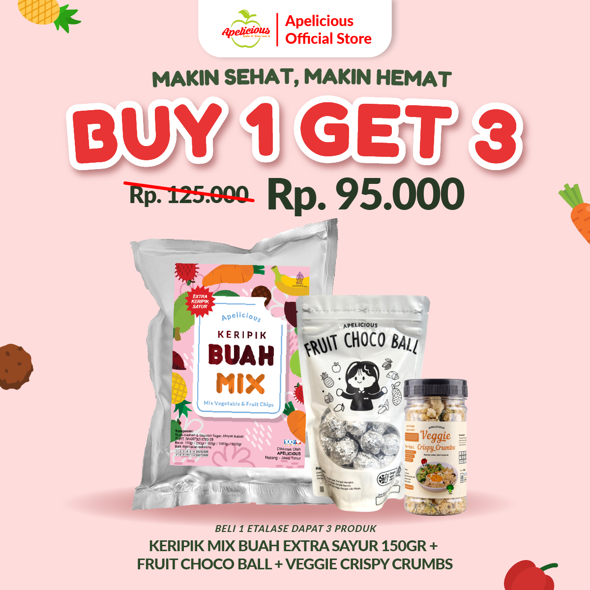 APELICIOUS [GRATIS KERIPIK BAWANG PUTIH] MIX KERIPIK SAYUR ORI + MIX KERIPIK BUAH TROPIS