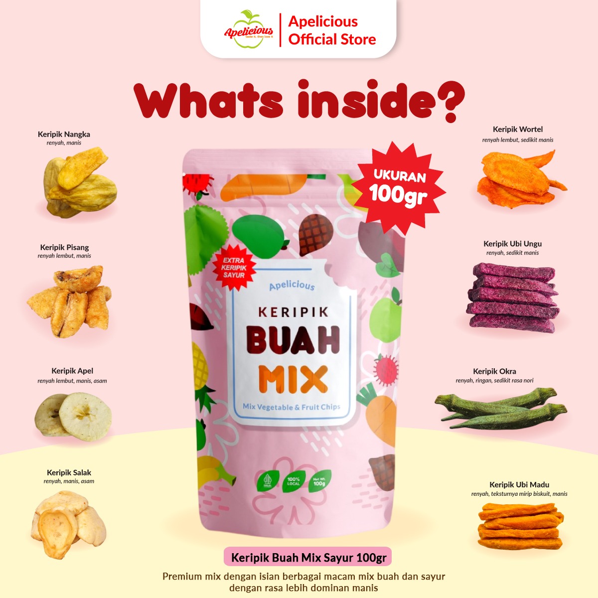 APELICIOUS KERIPIK BUAH SAYUR MIX PREMIUM 100gr ,-  Camilan Food Snack Cemilan Crispy  Kripik