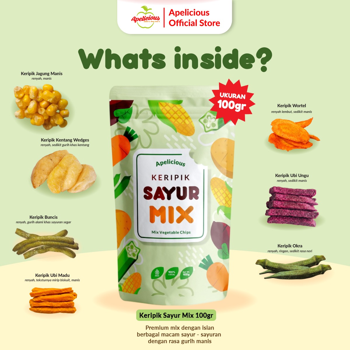 APELICIOUS KERIPIK BUAH SAYUR MIX PREMIUM 100gr ,-  Camilan Food Snack Cemilan Crispy  Kripik