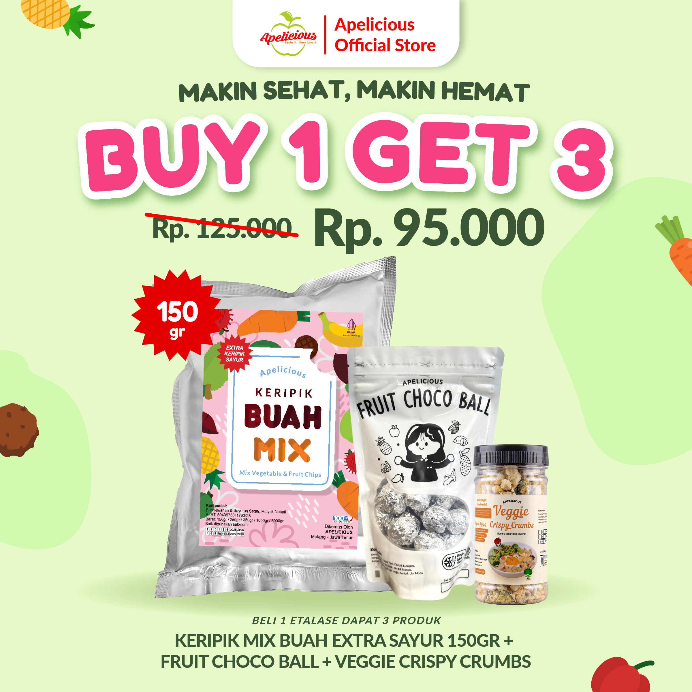 APELICIOUS BUY 1 GET 3 KERIPIK BUAH MIX SAYUR 150gr + FRUIT CHOCO BALL + VEGGIE CRISPY CRUMB ,- Camilan Food Snack Cemilan