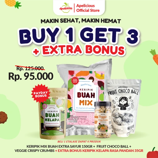 Image of APELICIOUS BUY 1 GET 4 KERIPIK BUAH MIX SAYUR 150gr + FRUIT CHOCO BALL + VEGGIE CRISPY CRUMB ,-  Camilan Food Snack Cemilan