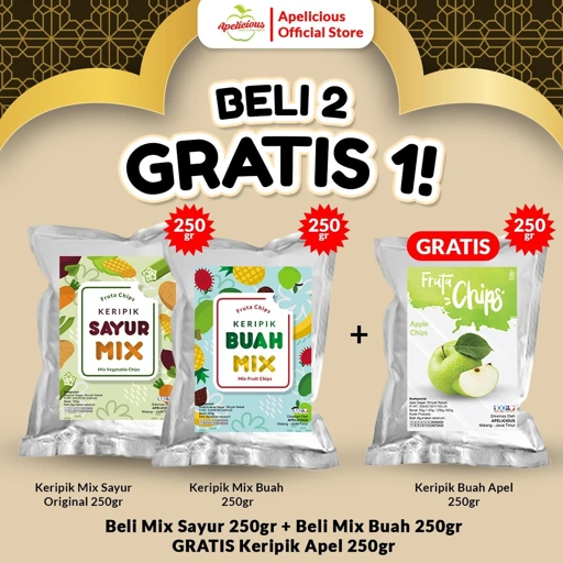 Image of APELICIOUS KERIPK SAYUR MIX ORIGINAL 250g + KERIPIK BUAH MIX 250gr GRATIS KERIPIK APEL 250gr - Food, Snack