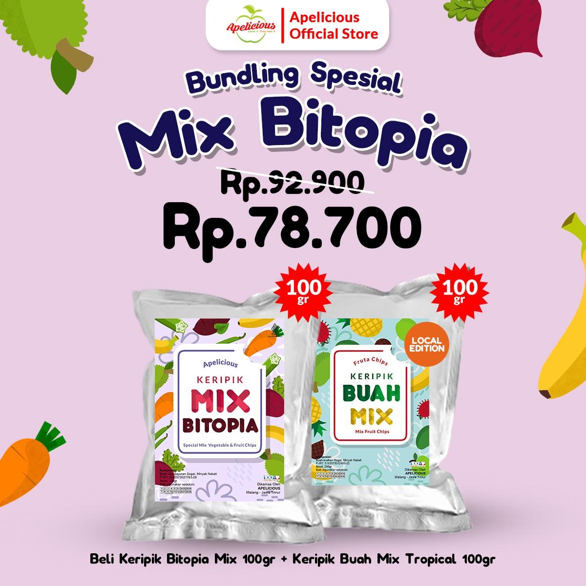 Apelicious Bundling Spesial Keripik Mix Bitopia + Keripik Buah Mix Lokal 100gr -  Food, Snack, Chips, Kripik