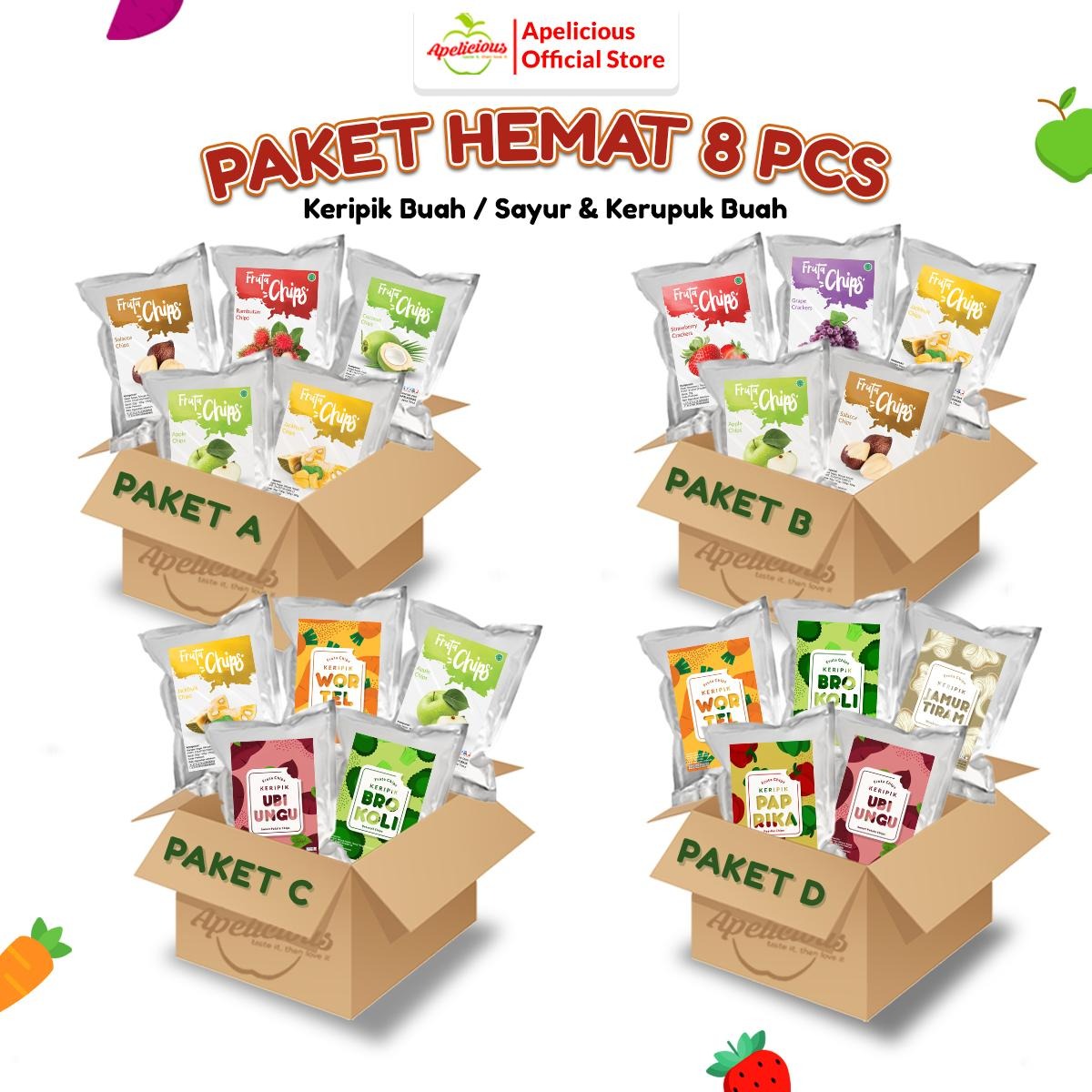 APELICIOUS BARU Paket HEMAT 8pcs KERIPIK (Buah, Sayur, KRUPUK Buah) - Kripik, Snack, Food, Makanan