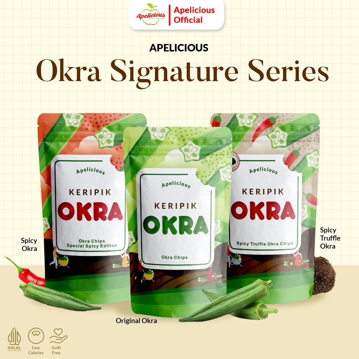 APELICIOUS KERIPIK OKRA  RENYAH 40gr Okra Chips Special Edition ,- Keripik Okra Pedas, Spicy Truffle, Original Food, Snack, Kripik,