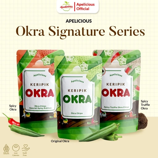 APELICIOUS KERIPIK OKRA  RENYAH 40gr Okra Chips Special Edition ,- Keripik Okra Pedas, Spicy Truffle, Original Food, Snack, Kripik,