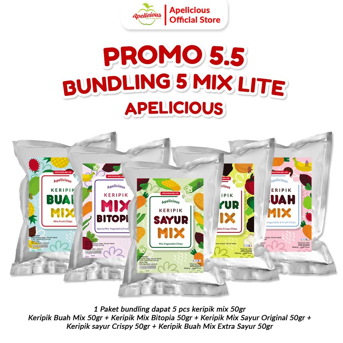 APELICIOUS BUNDLING 5 MIX LITE 50gr - Bundling 5 Keripik Buah / Sayur Mix 50gr  Food Snack