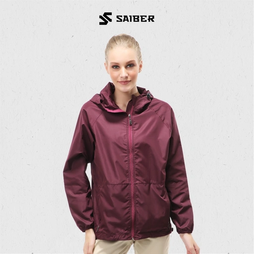 Image of Saiber - Running Jacket Basic Windbreaker UV Protection Foldable Quick Dry Wanita Warna Maroon