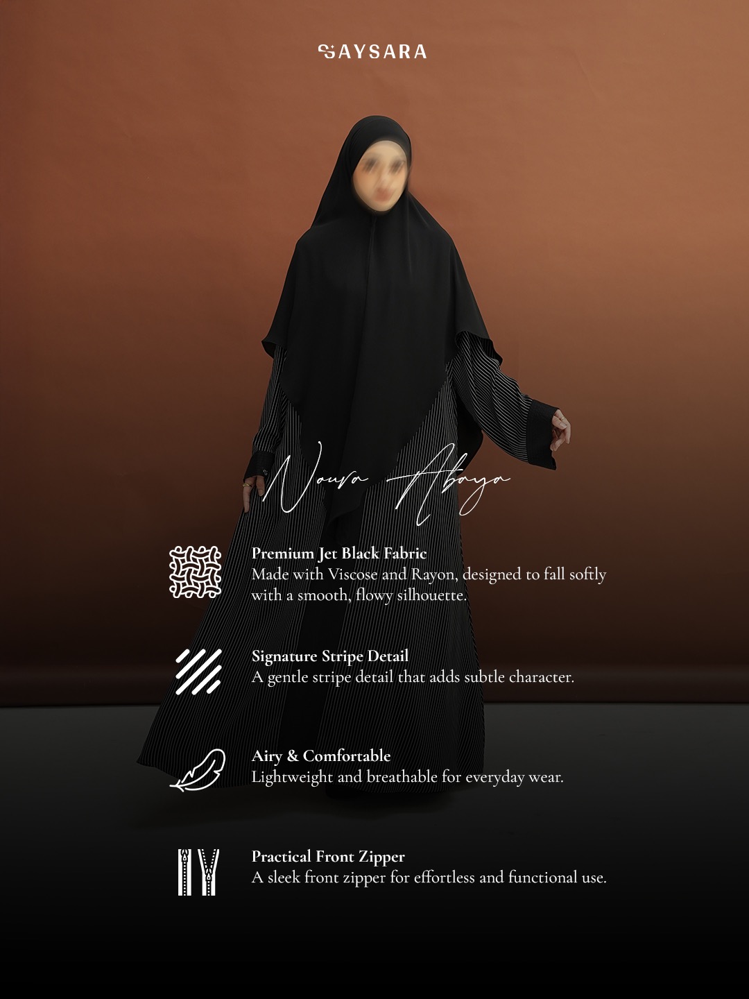 SAYSARA - Noura Abaya With Premium Jet Black Fabric