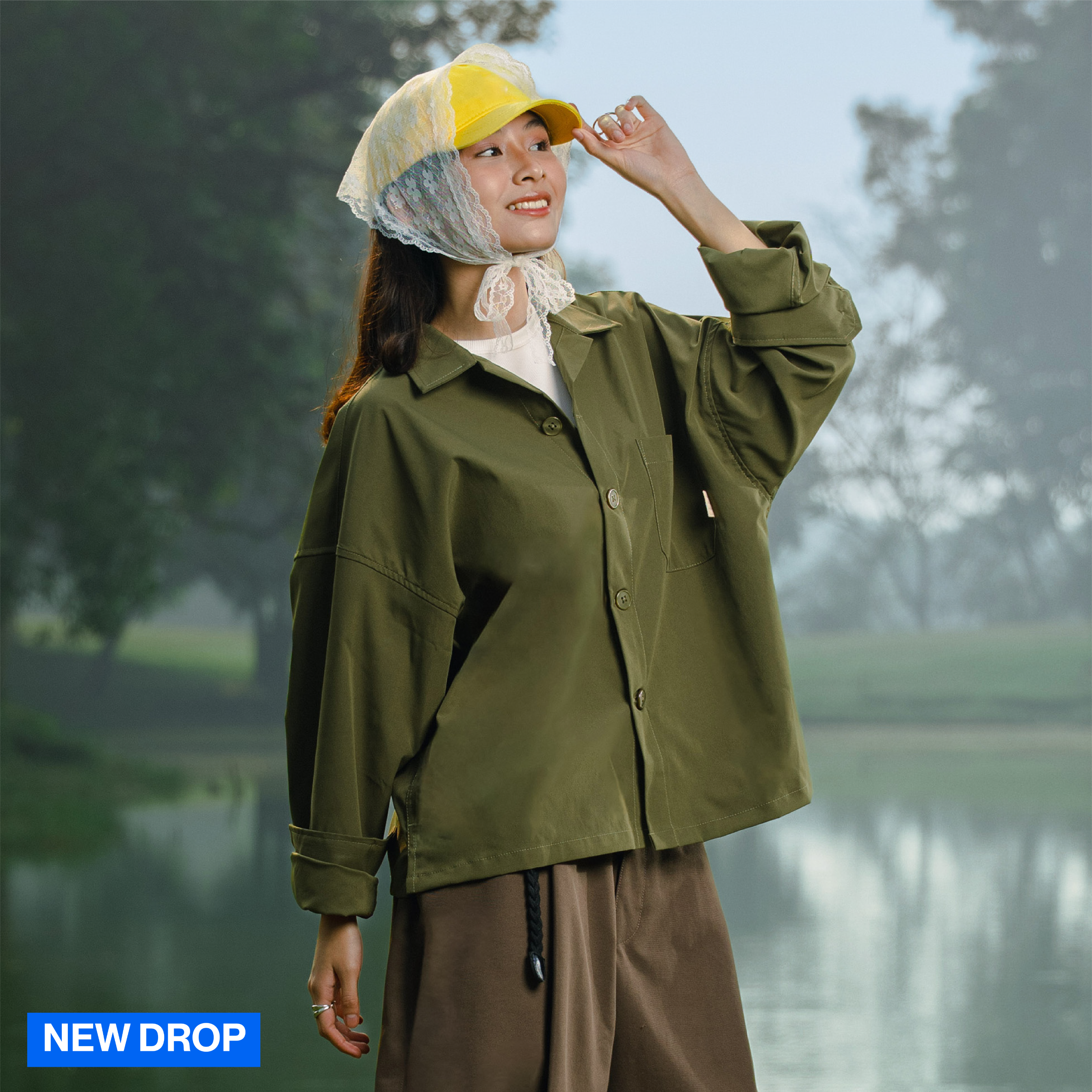 Noforty Project Oversize Loose Bowling Long Shirt Damian Olive