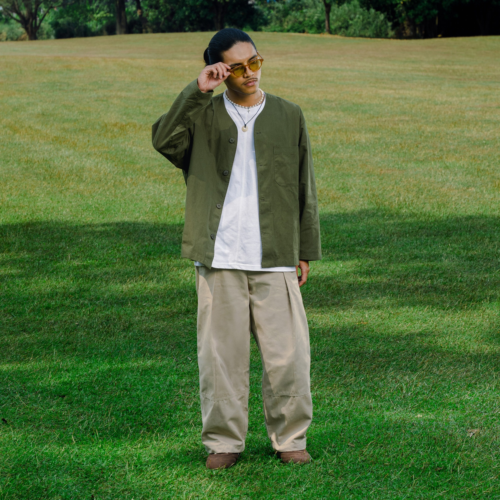 Noforty Project Oversize Colarless Long Shirt Nami Olive