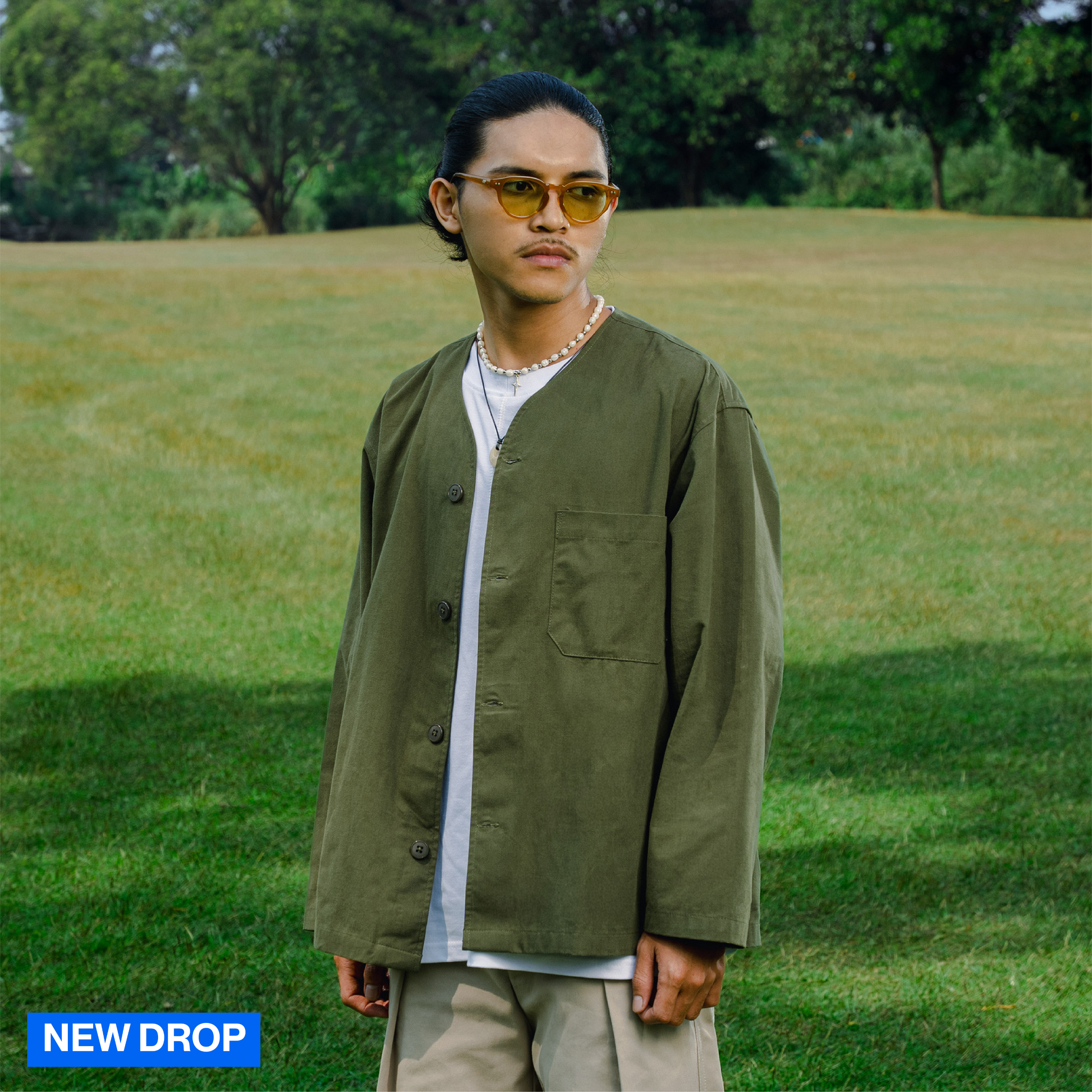 Noforty Project Oversize Colarless Long Shirt Nami Olive