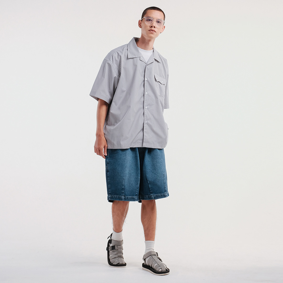 Noforty Project Oversize Shirt Stripe Pattern Gamaru Grey