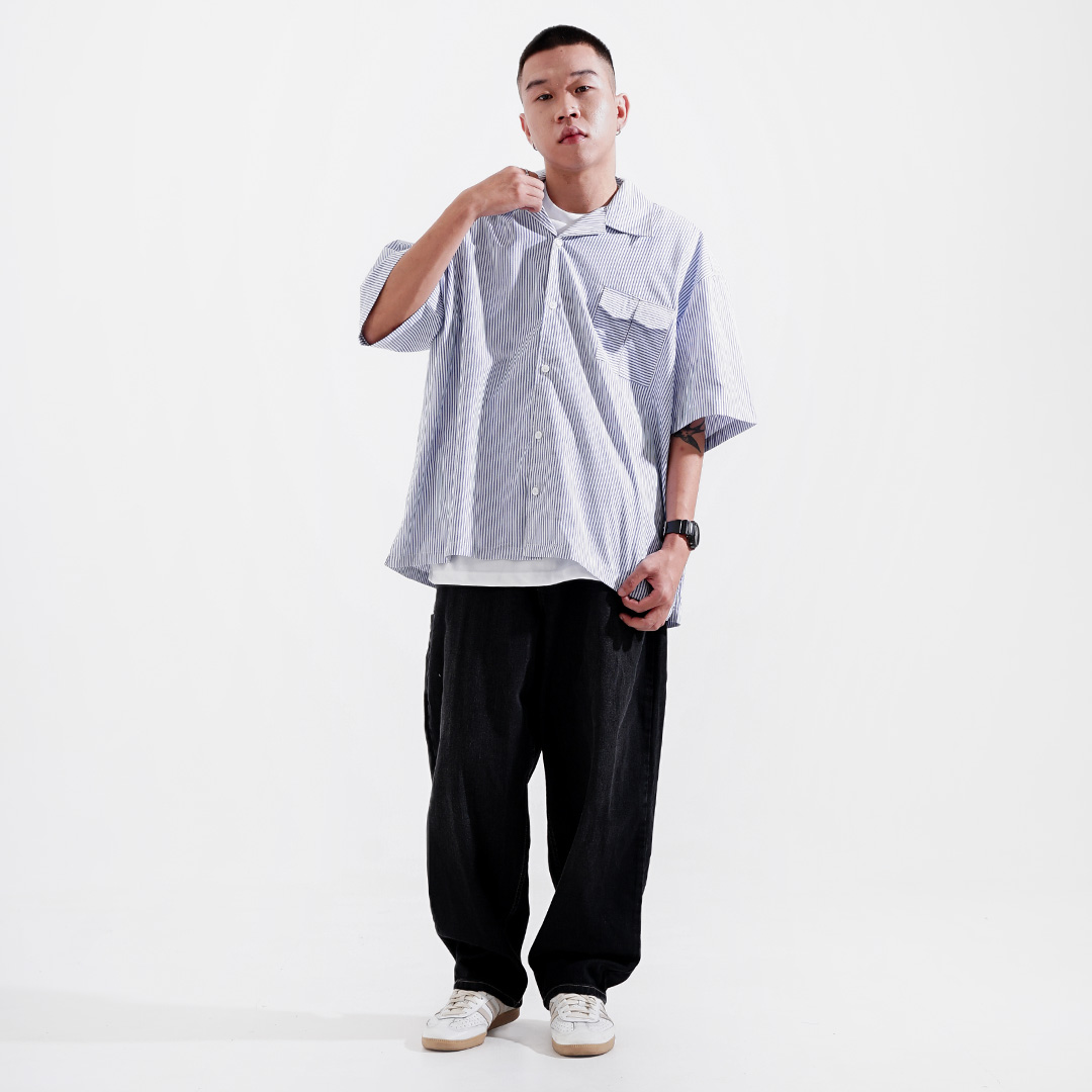 Noforty Project Oversize Shirt Stripe Pattern Gamaru Blue