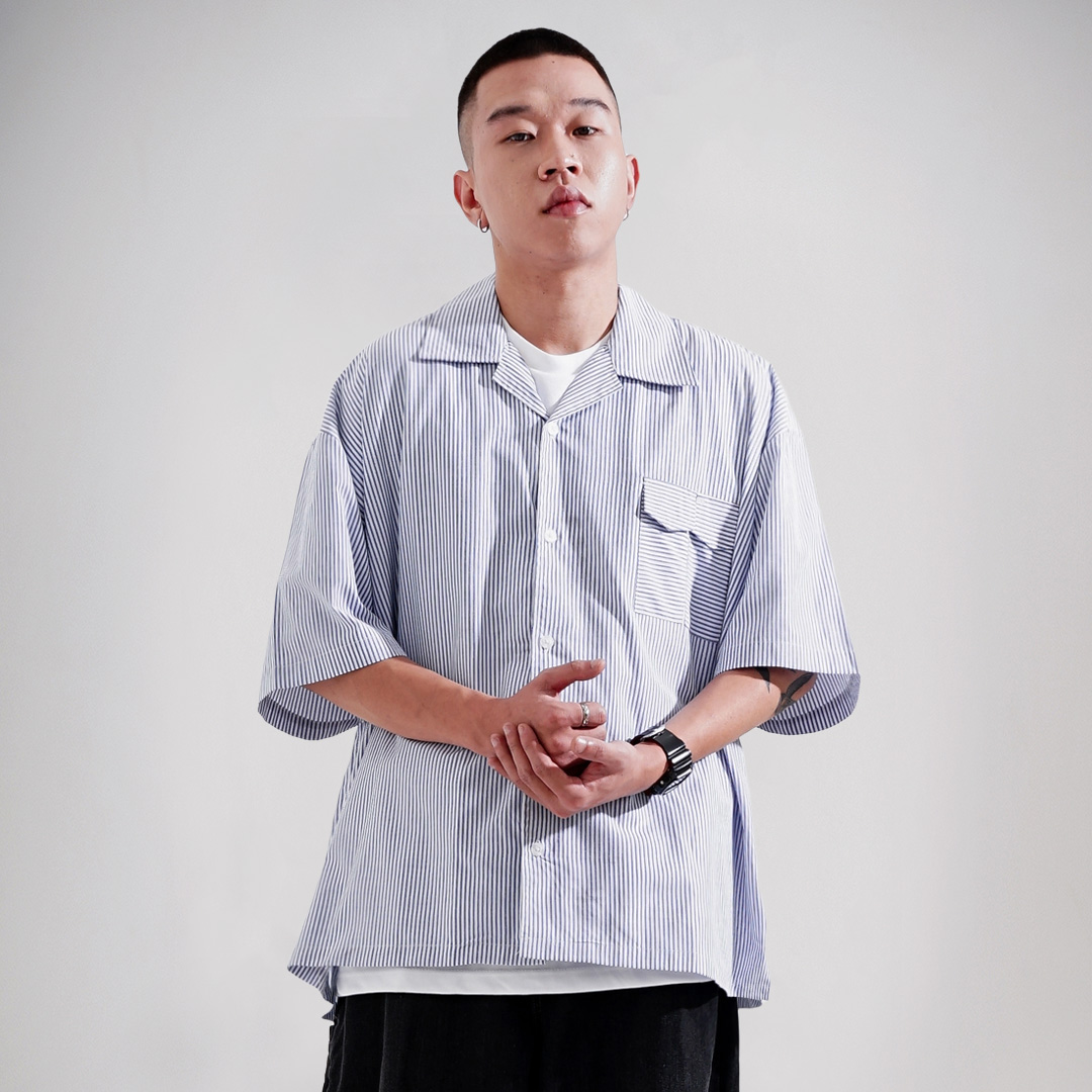 Noforty Project Oversize Shirt Stripe Pattern Gamaru Blue