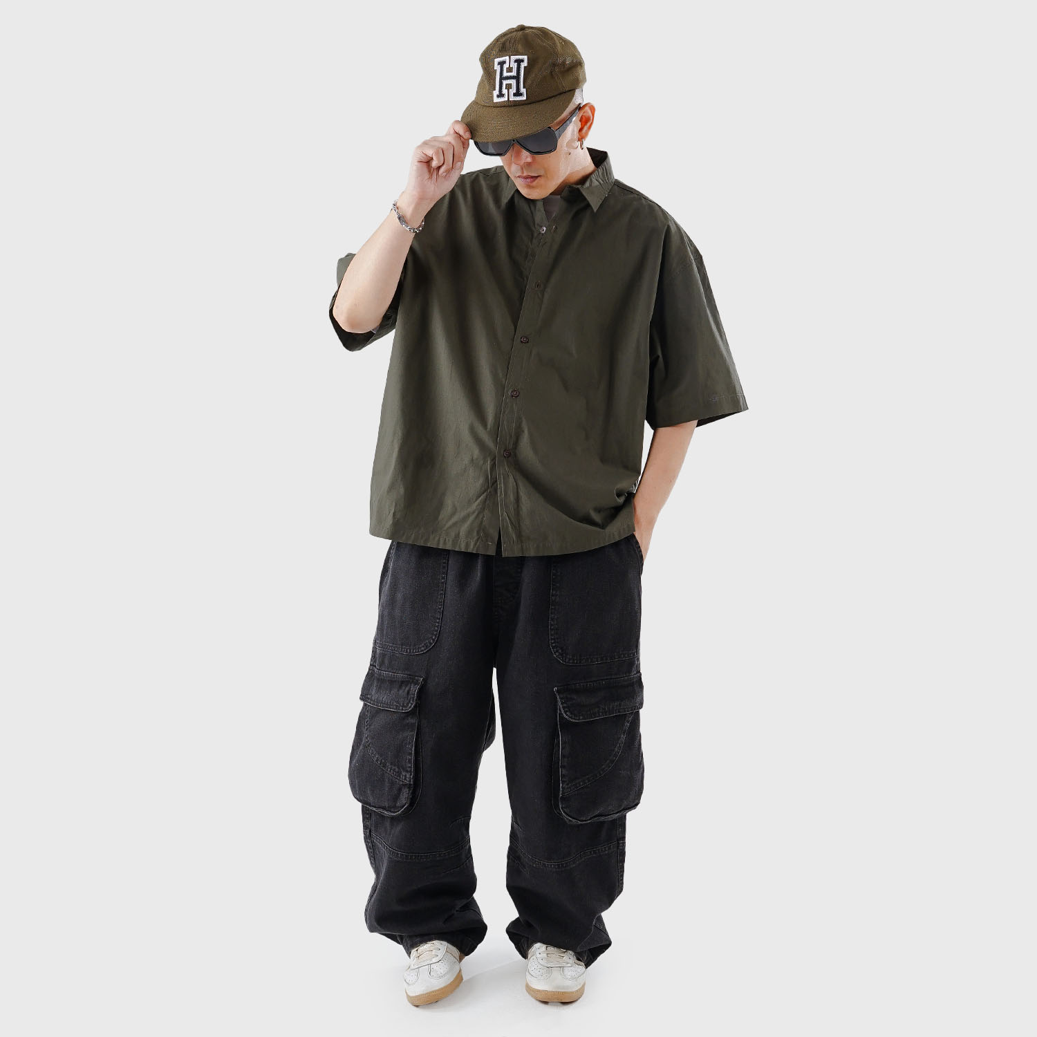 Noforty Project Oversize Wide Boxy Short Shirt Alba Olive