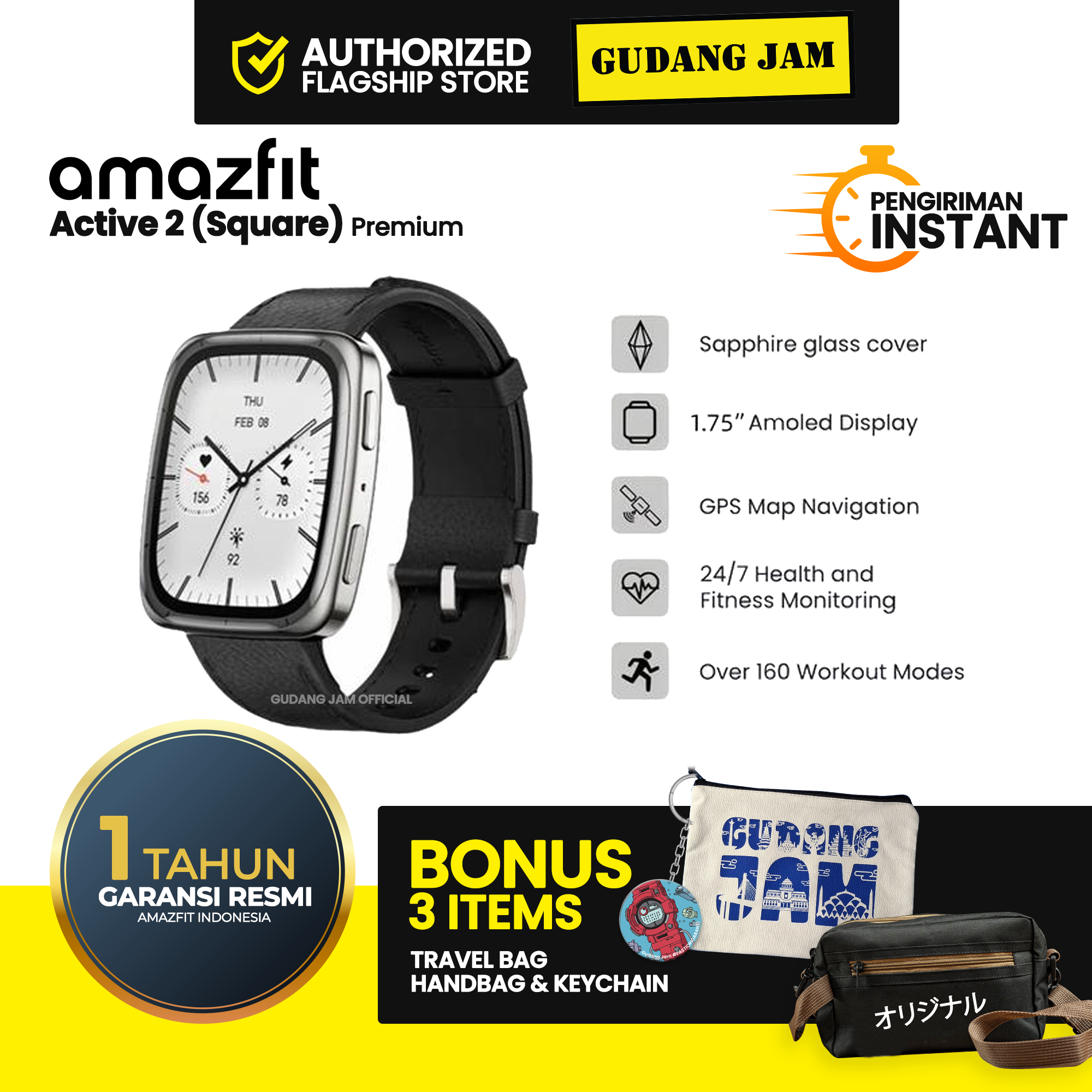 Amazfit Active 2 Square Premium Smartwatch Black Leather Strap