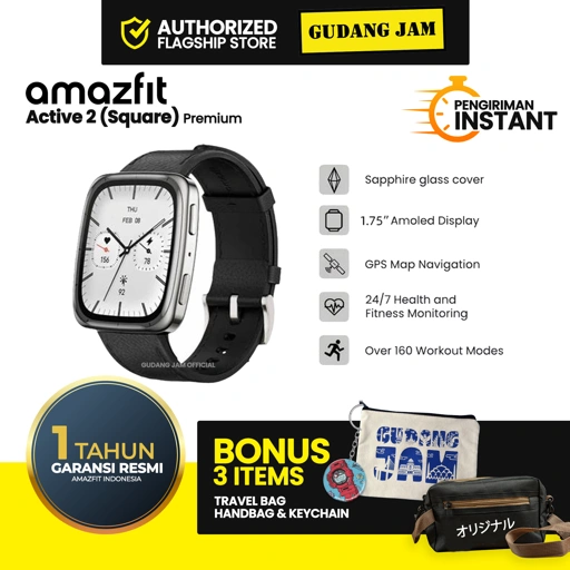 Image of Amazfit Active 2 Square Premium Smartwatch Black Leather Strap