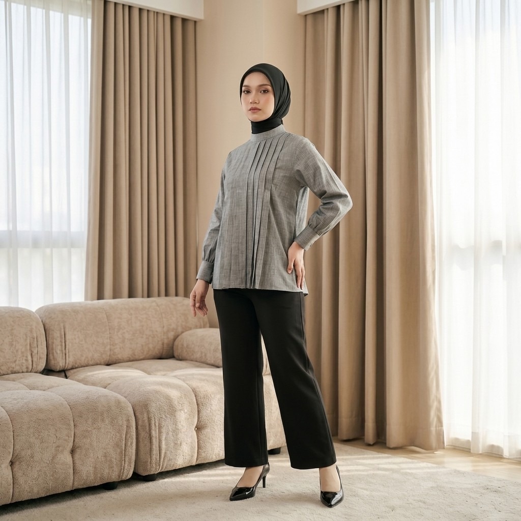 Zoya Accent Pleats Blouse Z01 - Atasan Blouse Officewear - Bahan Chambray