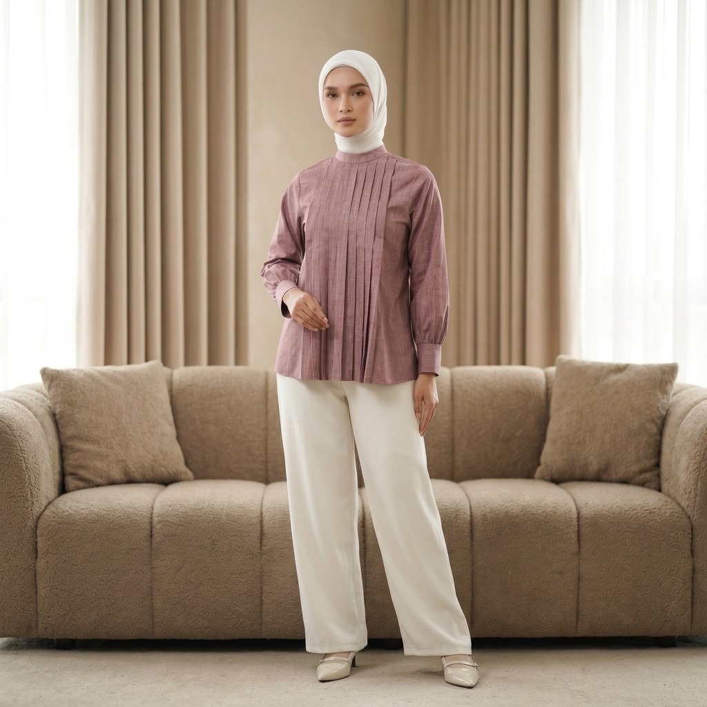 Zoya Accent Pleats Blouse Z01 - Atasan Blouse Officewear - Bahan Chambray