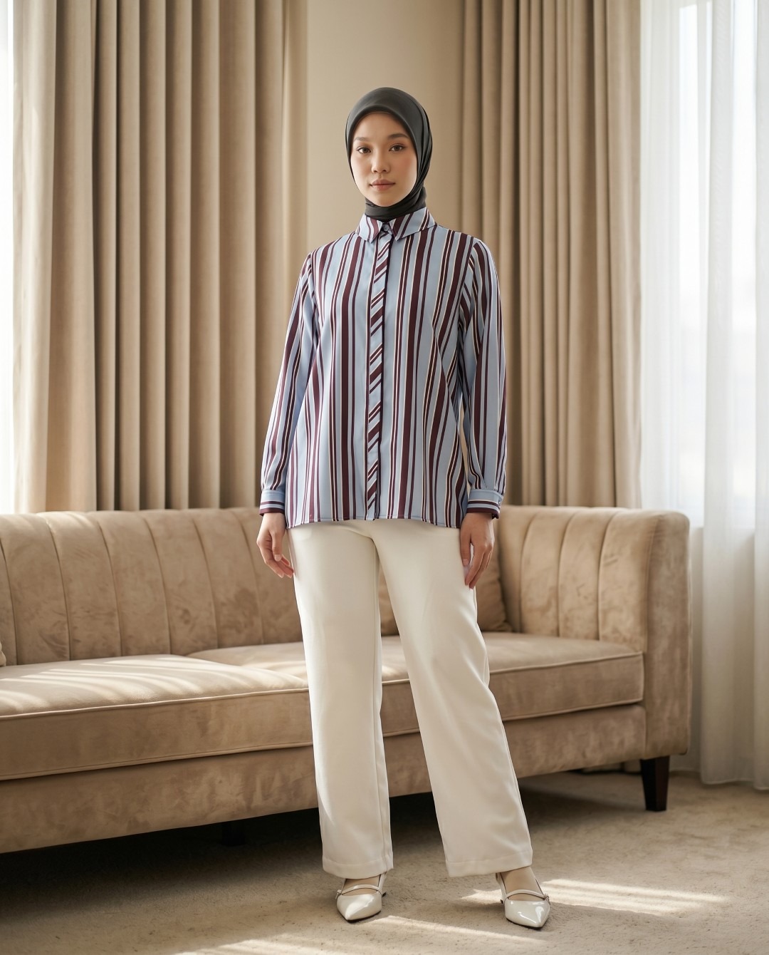 Zoya Basic Ploi Stripe Shirt Z01 - Atasan Blouse Officewear - Bahan Cotton Poly Twill Print