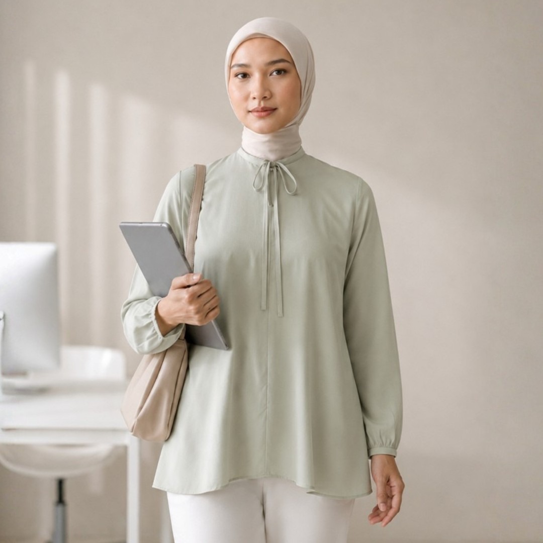 Zoya Bow Round Neck Z01 Office Wear - Atasan Wanita Wudhu Friendly - Bahan Laura