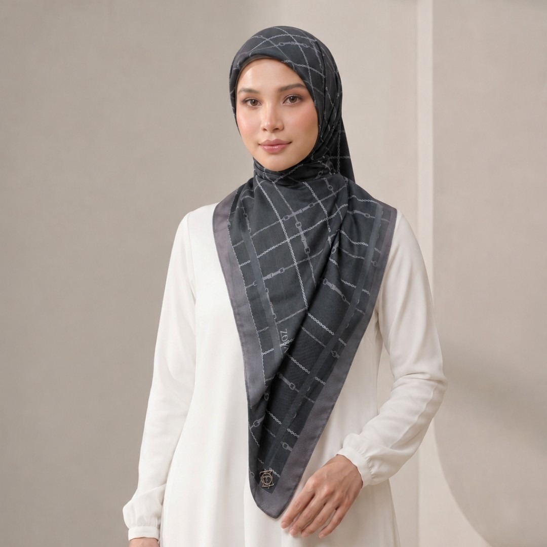 Zoya - Emily Gridlock Scarf - Kerudung Hijab Segiempat Motif - Pouch Ziplock
