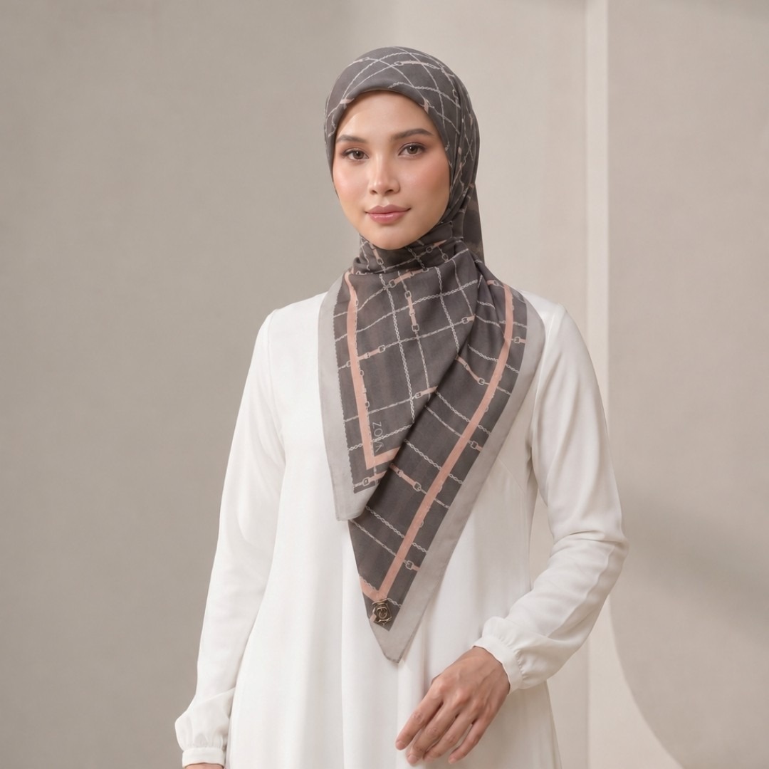 Zoya - Emily Gridlock Scarf - Kerudung Hijab Segiempat Motif - Pouch Ziplock