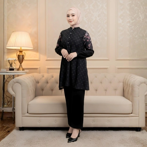 Image of Zoya Faiqa Tunic Black - Tunik Muslimah Motif Busui Friendly - Bahan Poly Textured