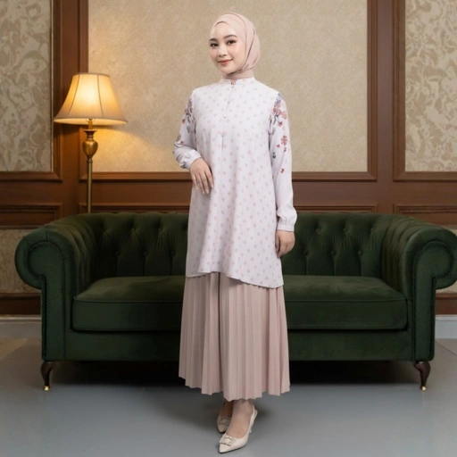 Image of Zoya Faiqa Tunic Cream - Tunik Muslimah Motif Busui Friendly - Bahan Soft Polyester
