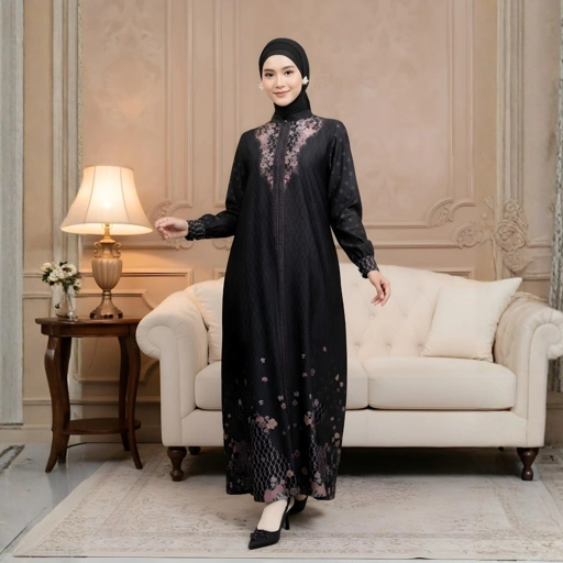 Image of Zoya Flora Dress Black - Gamis Muslim Wanita Busui Friendly - Bahan Poly Textured