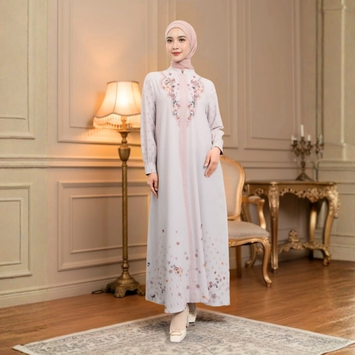 Image of Zoya Flora Dress Cream - Gamis Muslim Wanita Busui Friendly - Bahan Soft Polyester