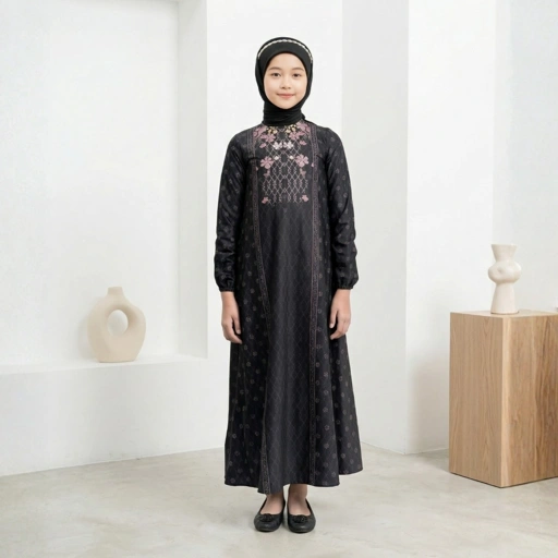 Image of Zoya Freesia Dress Girl Black - Gamis Muslimah Anak Perempuan - Bahan Poly Textured