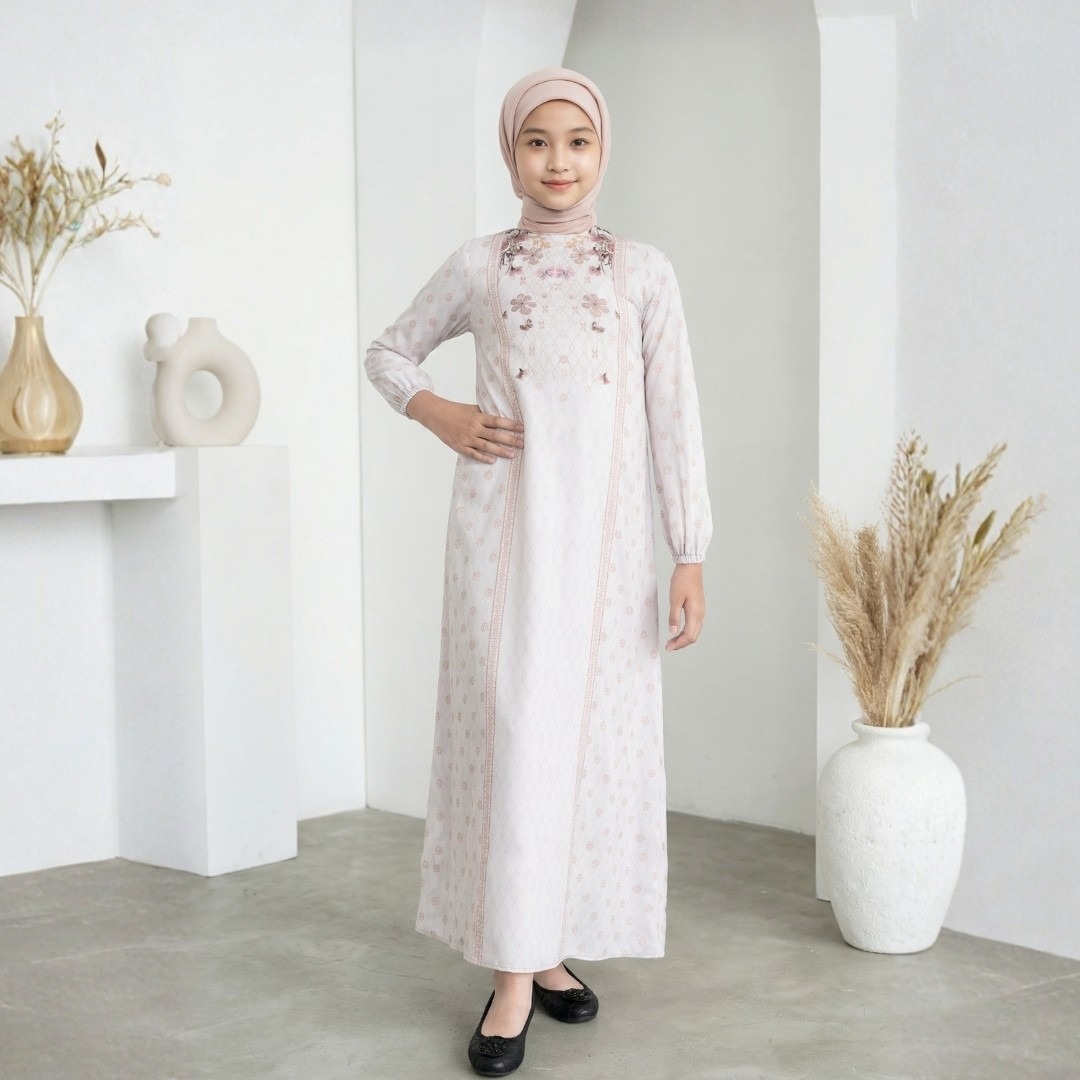 Zoya Freesia Dress Girl Cream - Gamis Muslimah Anak Perempuan - Bahan Soft Polyester