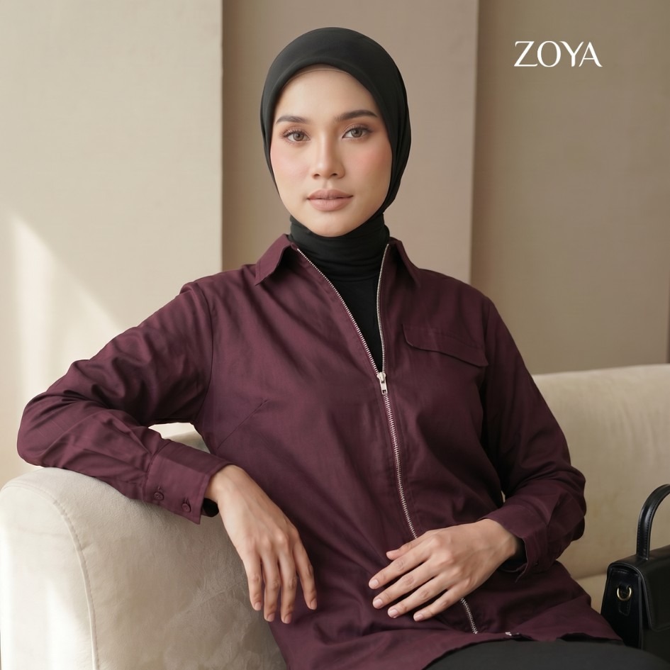 Zoya Zip Up Shirt ZU Z01 Officewear - Blouse Kerja - Bahan Cotton Twill