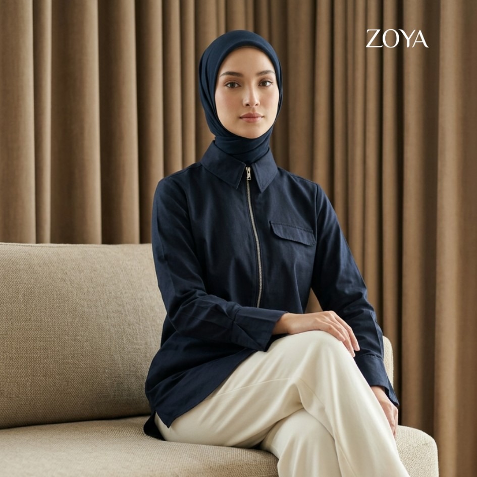 Zoya Zip Up Shirt ZU Z01 Officewear - Blouse Kerja - Bahan Cotton Twill