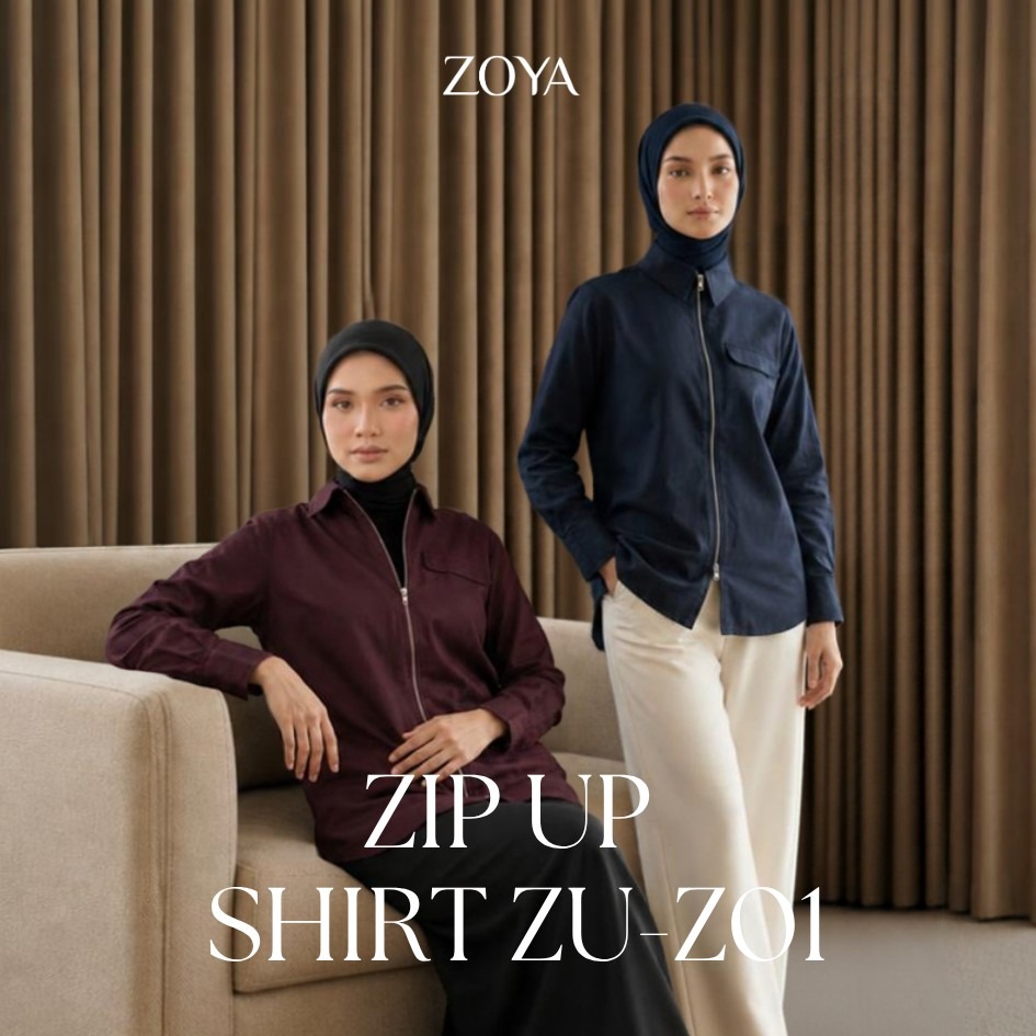 Zoya Zip Up Shirt ZU Z01 Officewear - Blouse Kerja - Bahan Cotton Twill