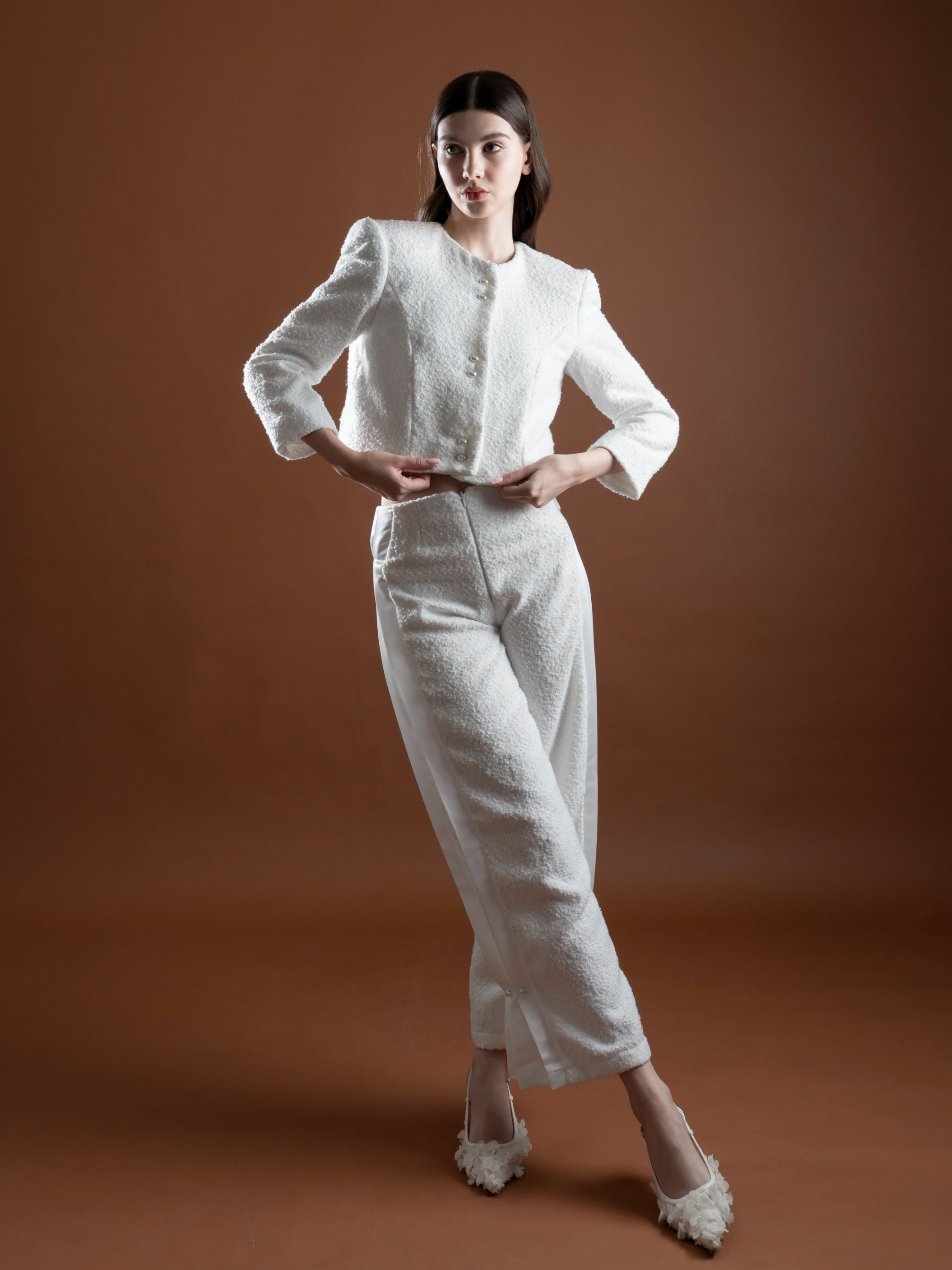 Pearl Pearl Tweed Straight Pants with Pleats