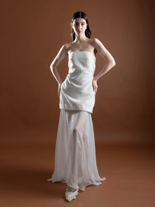 Image of Pearl Pearl Tweed Bustier Dress with Detachable Skirt