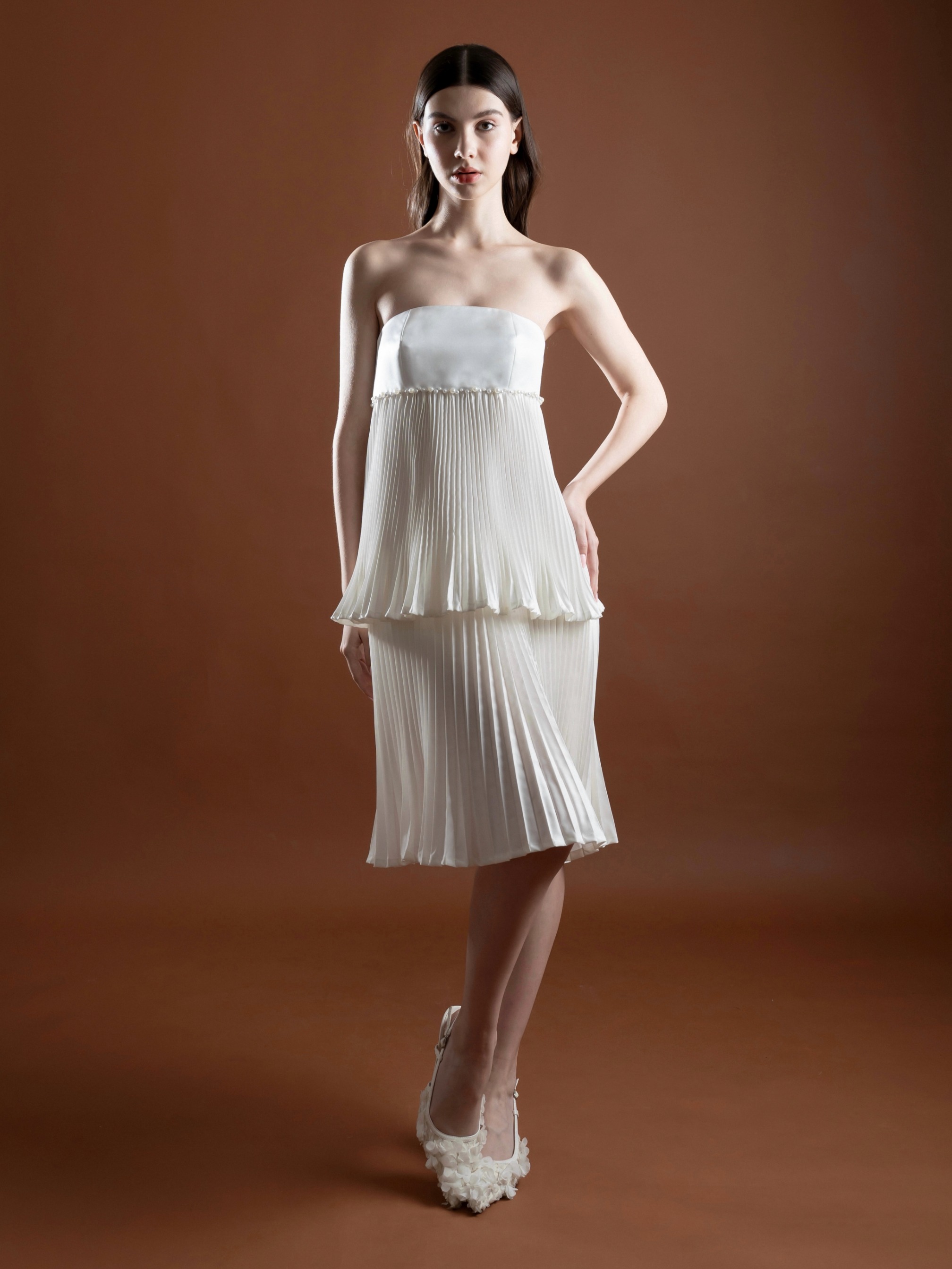 Pearl Pearl White Pleated Taffeta Tier Dress