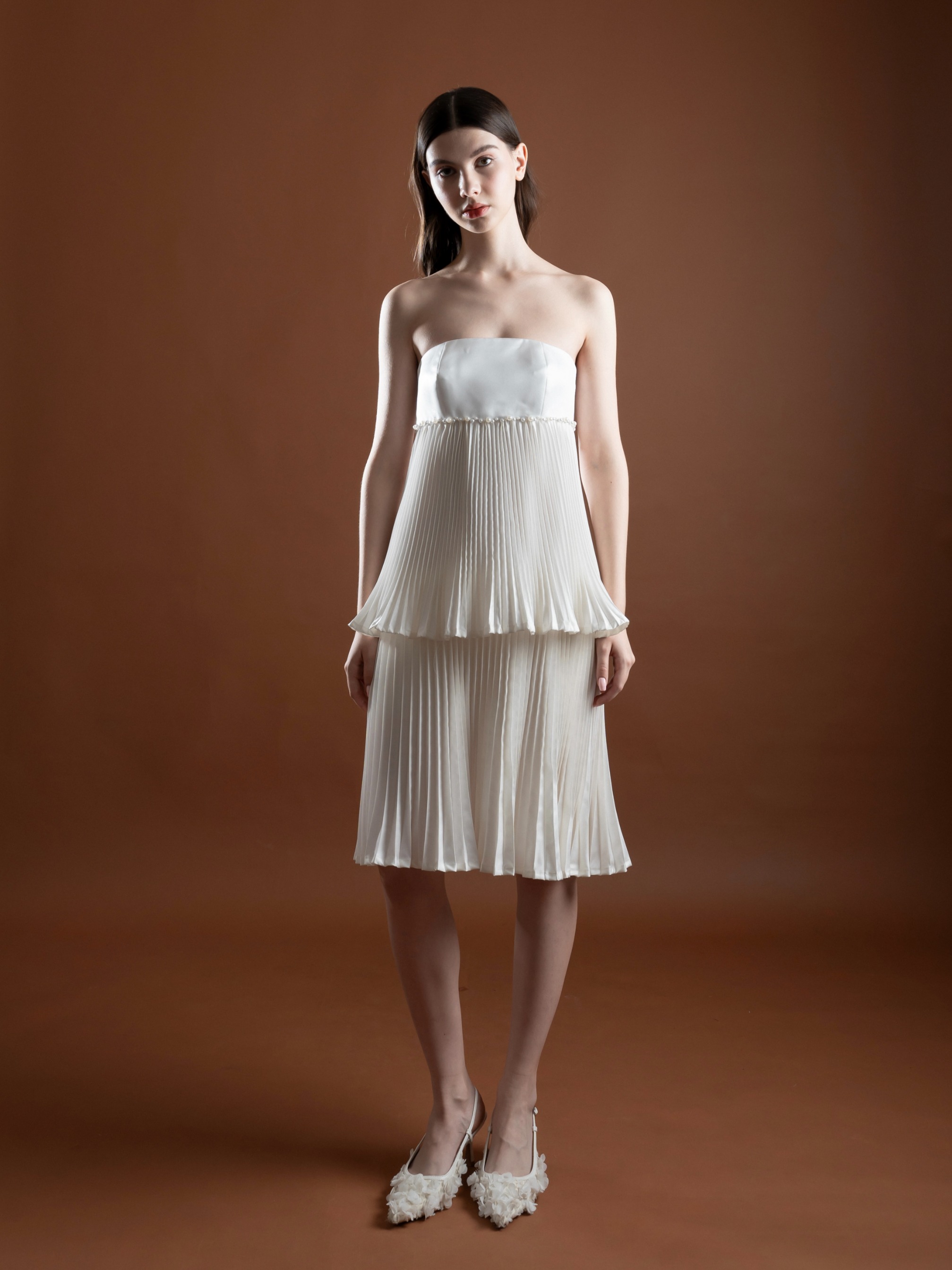 Pearl Pearl White Pleated Taffeta Tier Dress