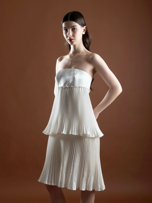 Image of Pearl Pearl White Pleated Taffeta Tier Dress