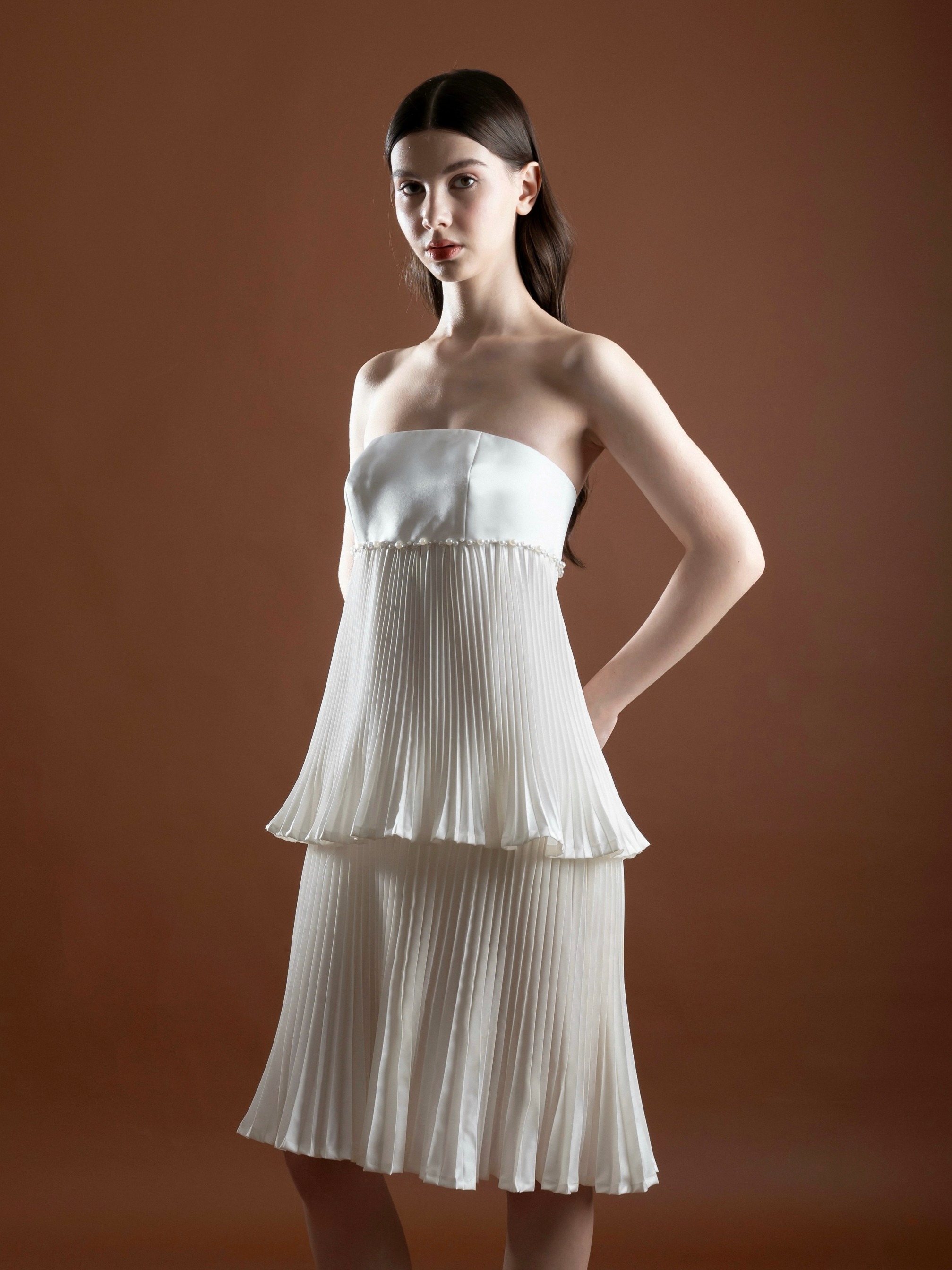 Pearl Pearl White Pleated Taffeta Tier Dress