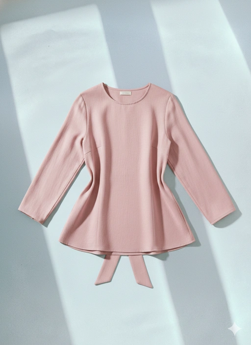 Image of Blouse A-Line Wanita Linen Crepe – Tali Adjustable, Lengan Panjang (Soft Pink / Ivory)