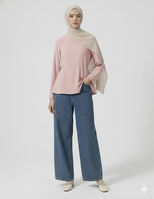 Image of Blouse A-Line Wanita Linen Crepe – Tali Adjustable, Lengan Panjang (Soft Pink / Ivory)