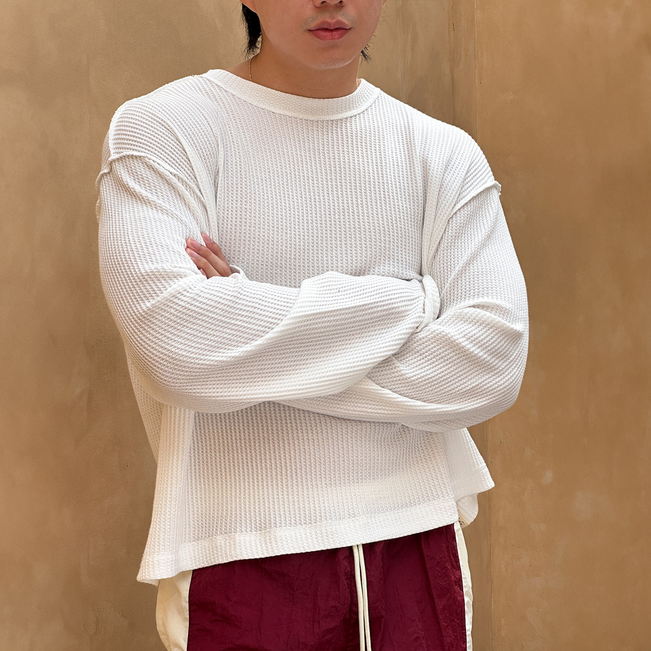 RUDEBASIC - Jake Cotton Waffle Boxy Longsleeve White | 100% Cotton | White